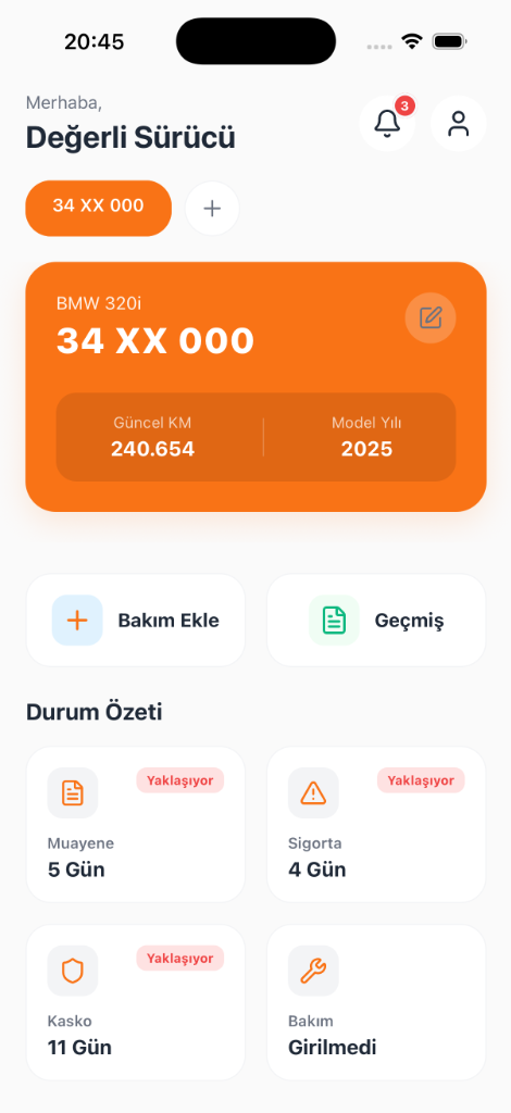 Aracım Cebimde Ana Ekran